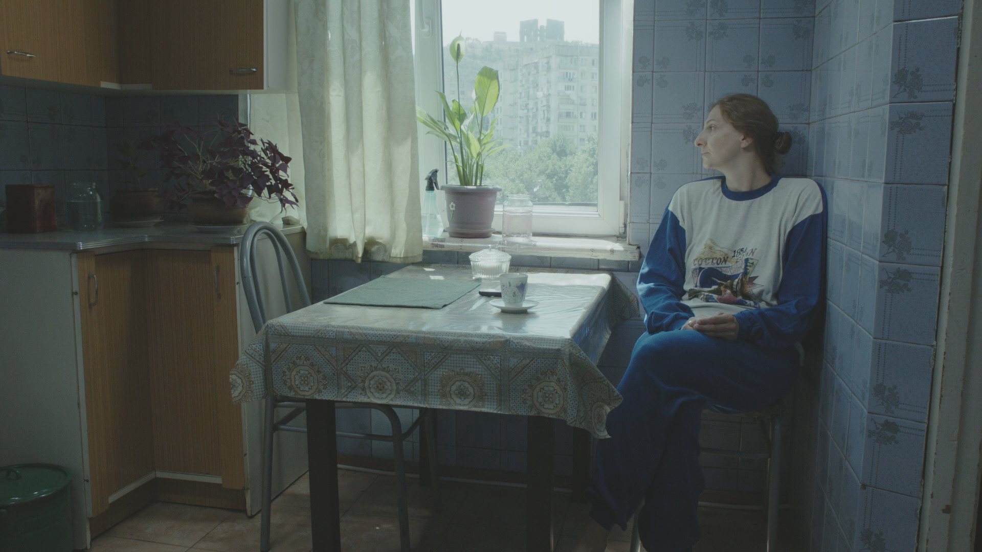 Woman sitting at a kitchen table, staring out the window