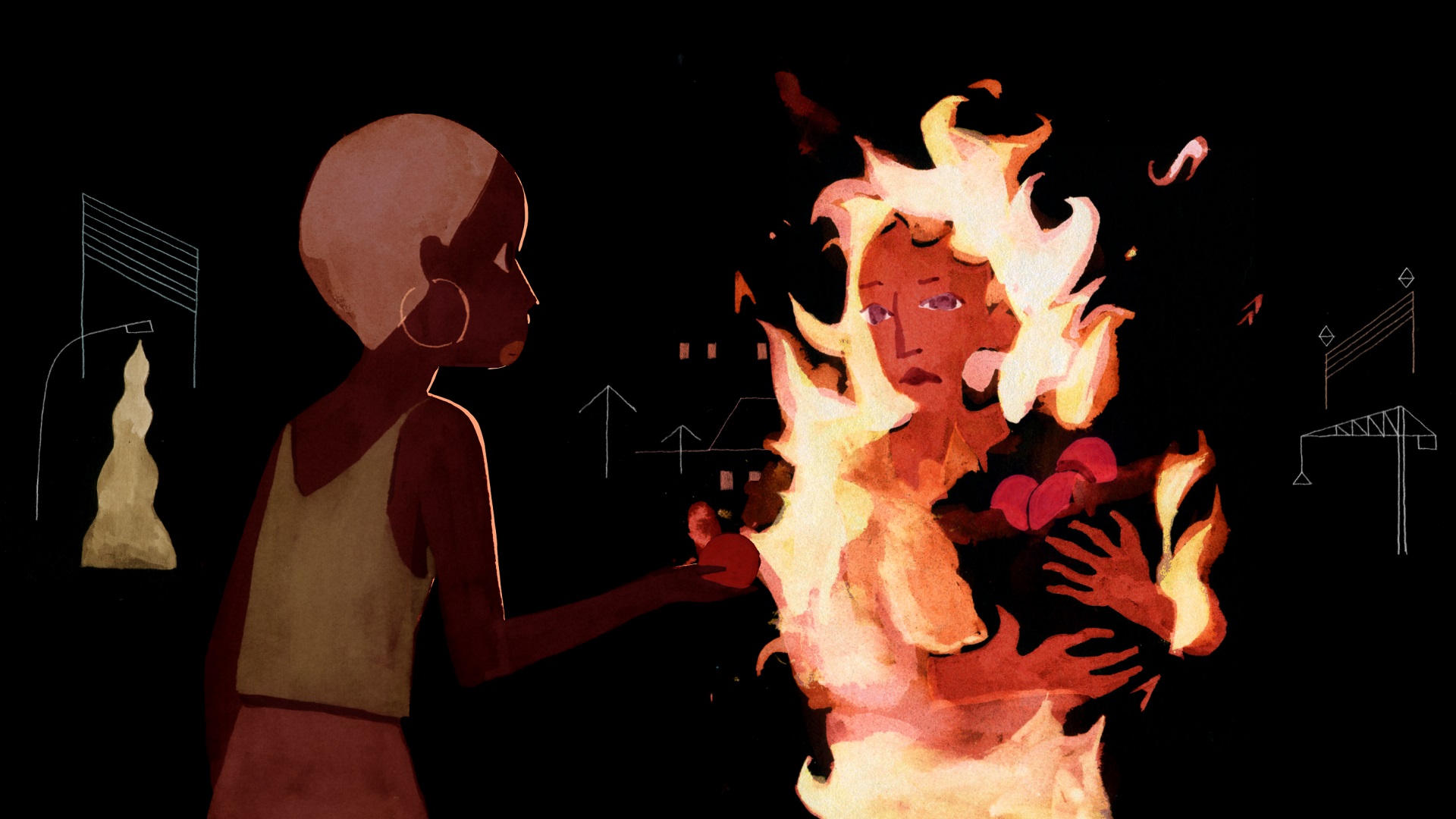 Drawn animation: two women facing each other, one of them in flames, holding a bag with round objects