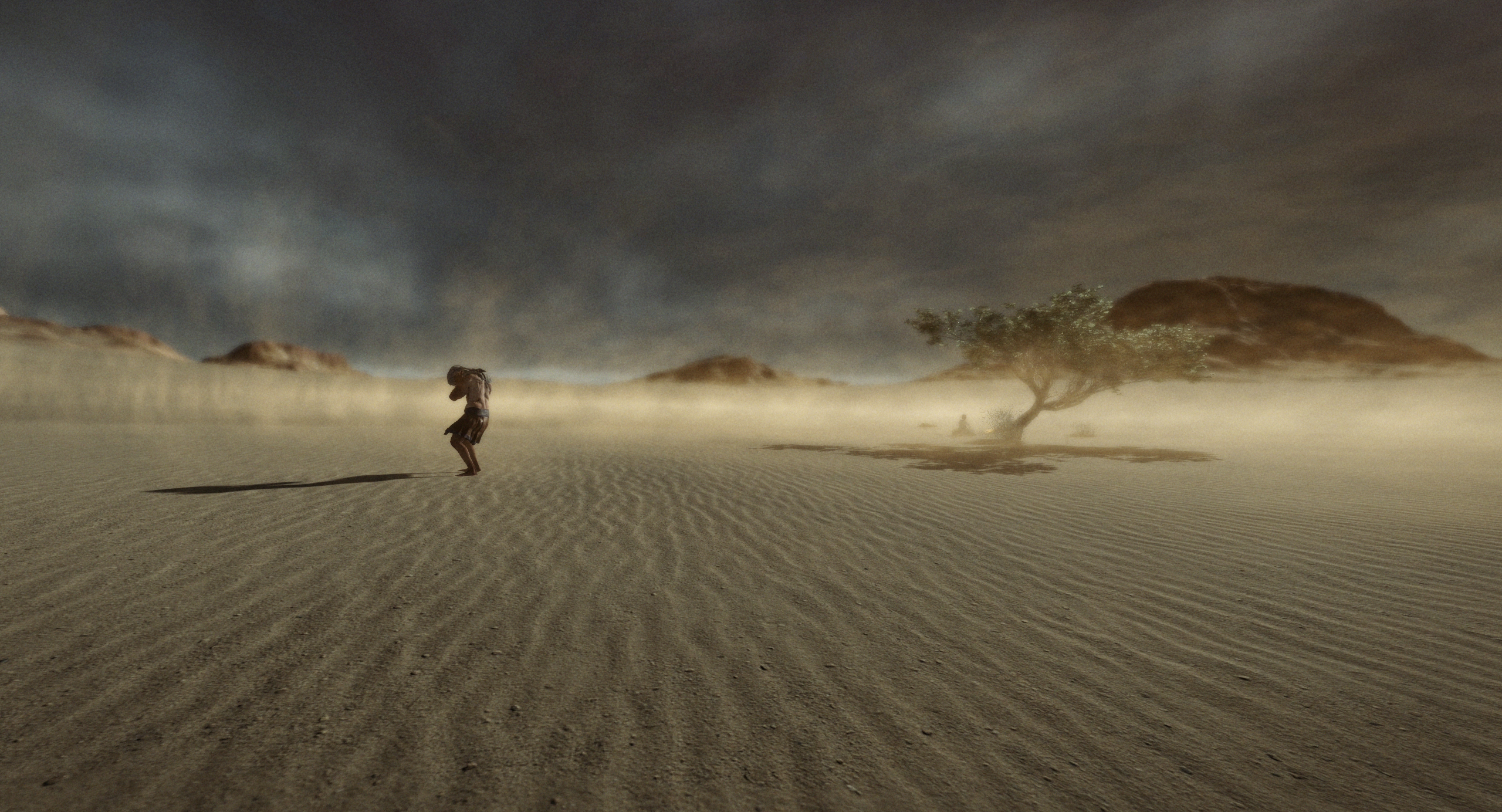 Person standing in desert, covering their face