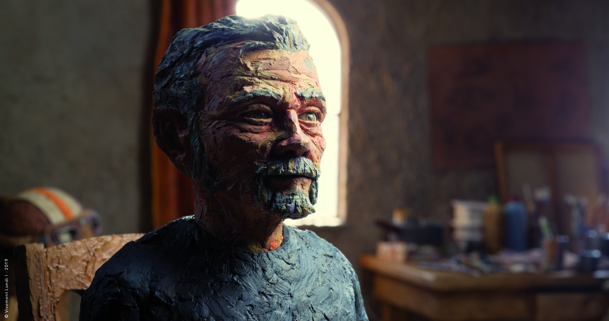 Clay animated upper body and face of an elderly man