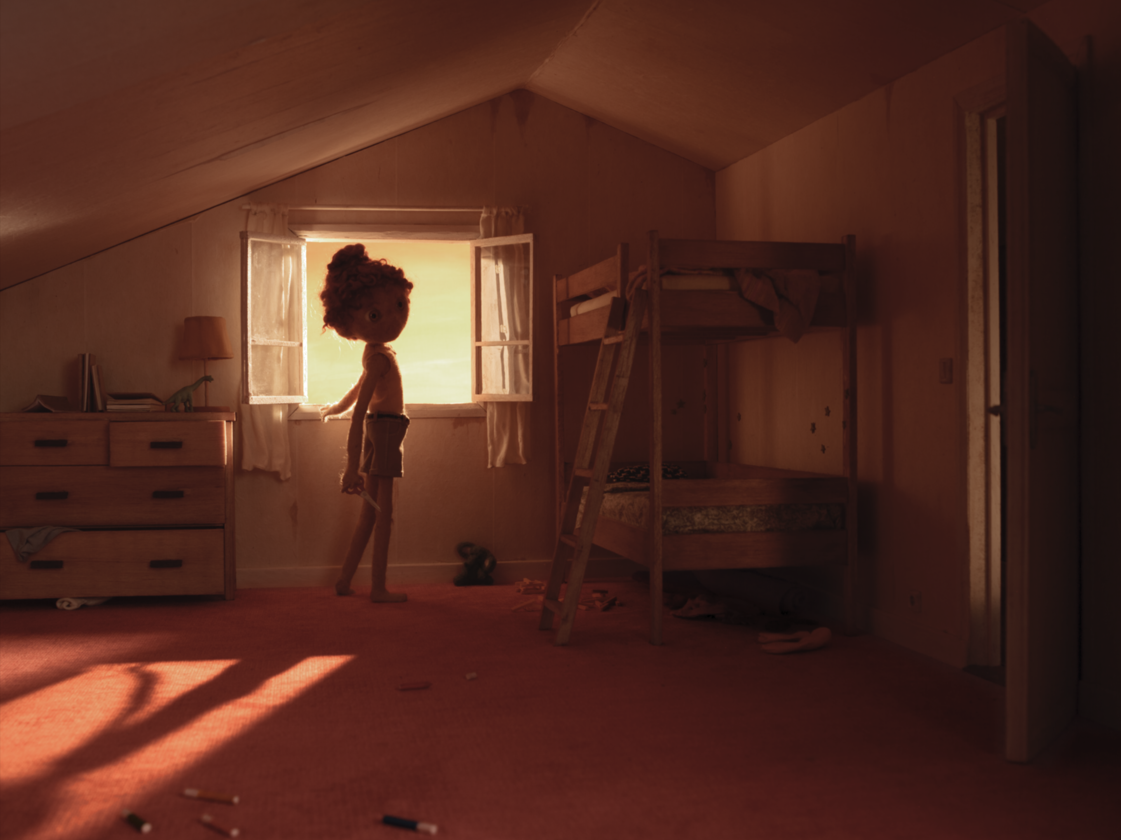 Person standing in front of a window in a children's bedroom