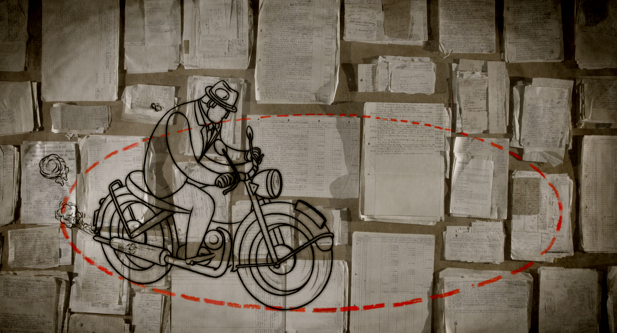 Man on motorbike drawn over many laid out documents