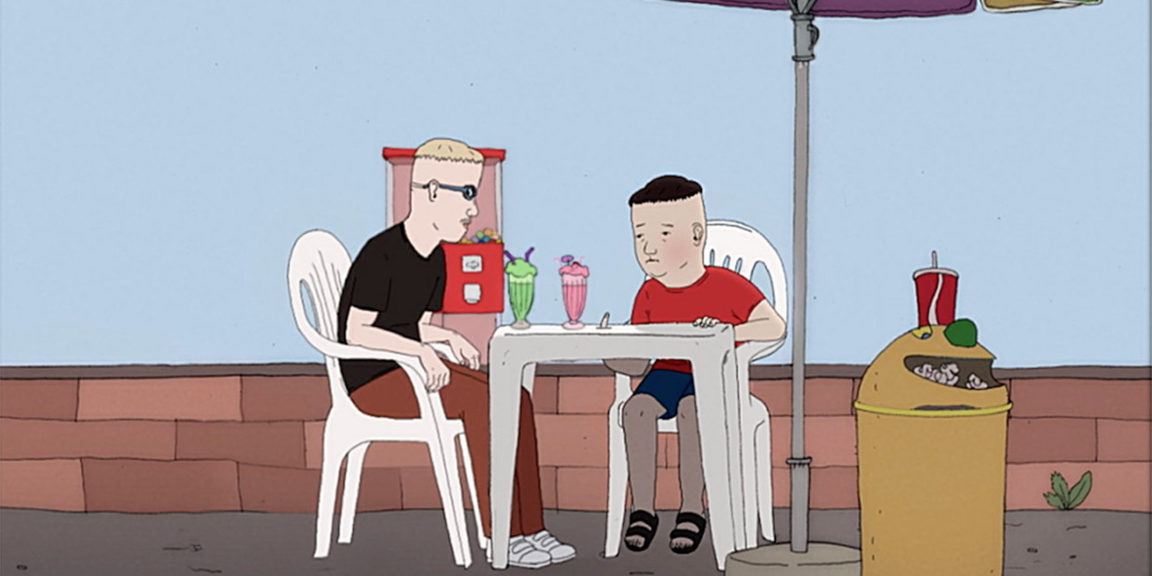colour drawing of two boys seated at camping table