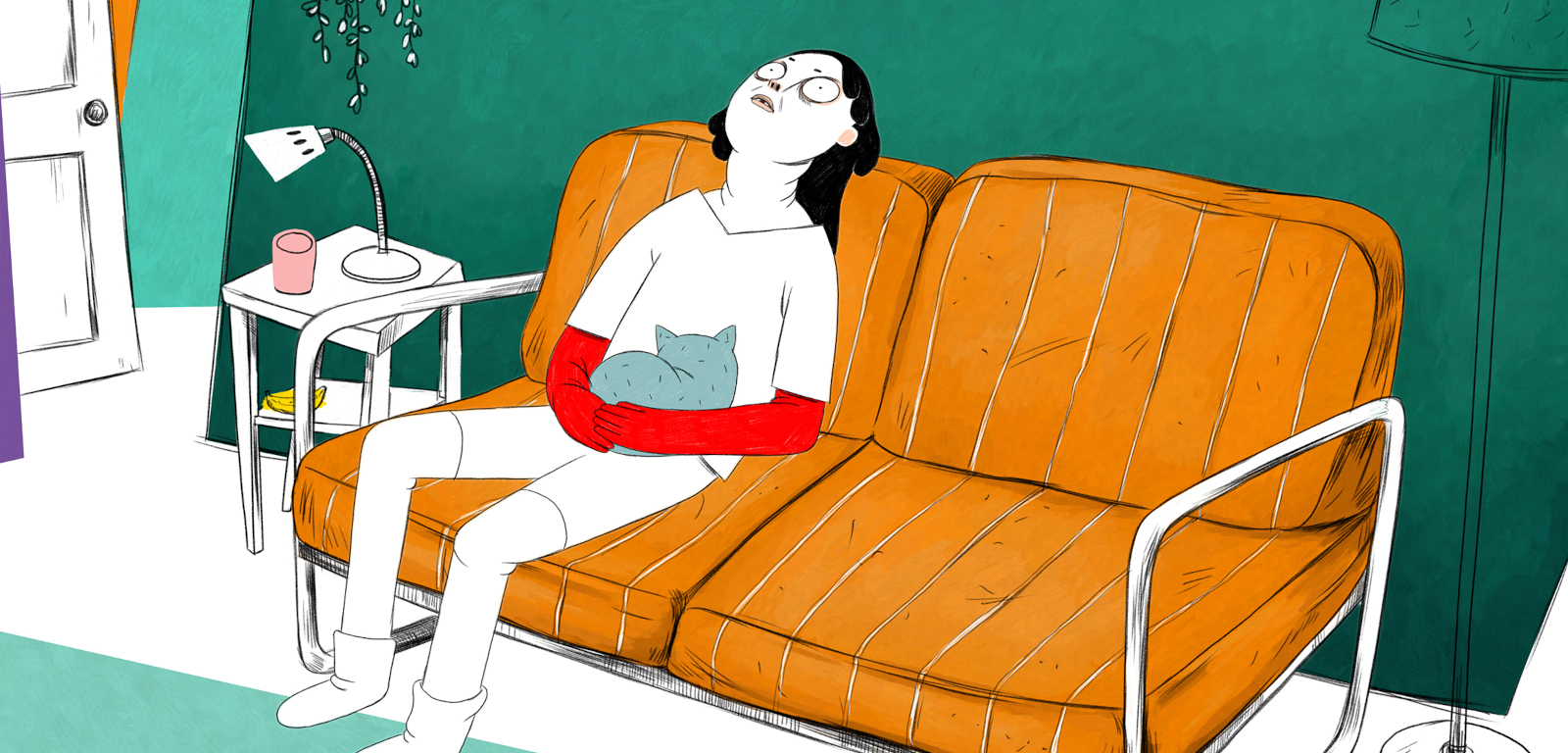 drawing of large-eyed woman in white, sitting on orange sofa with blue cat on heer lap
