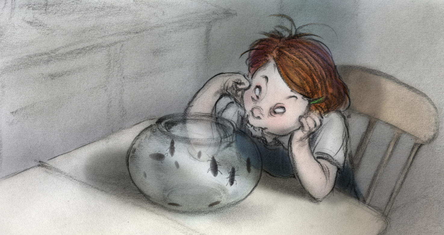 Young girl stares at fishbowl with bugs inside