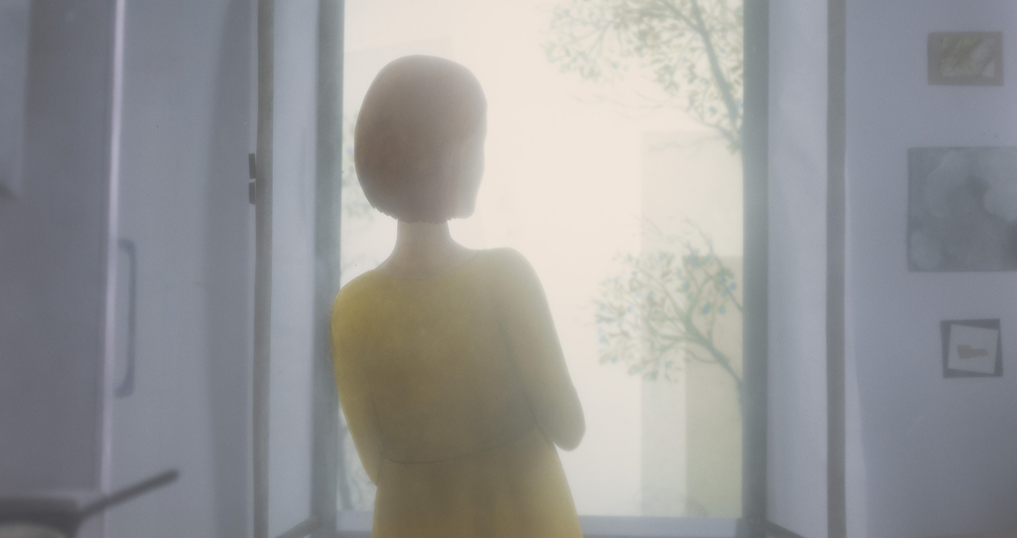 Animation still of person looking out the window