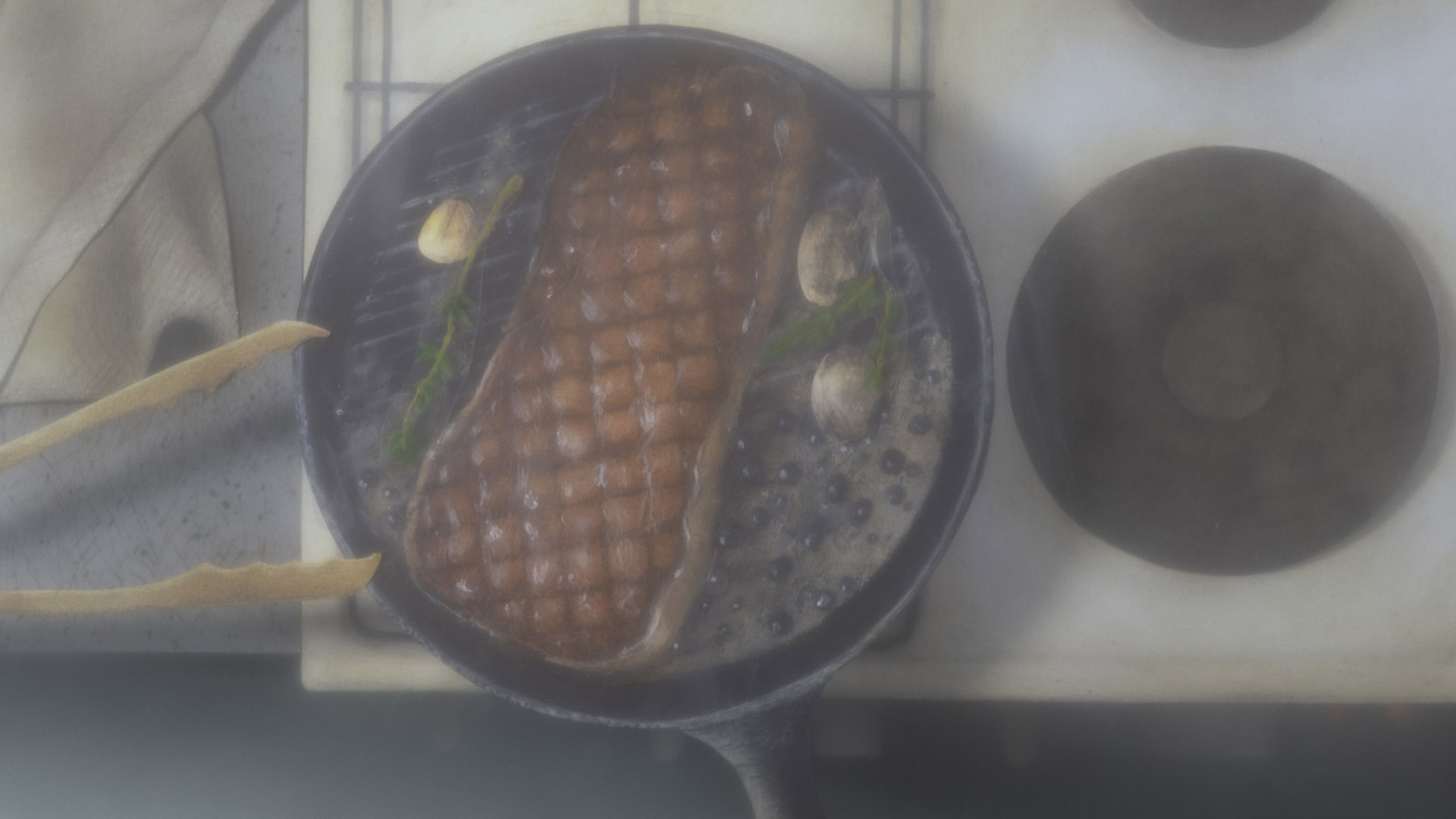 animation still of a steak in a frying pan