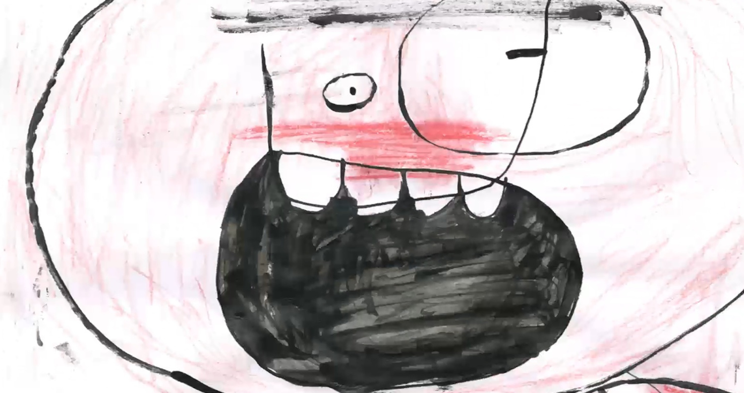 film still of a drawn shouting face